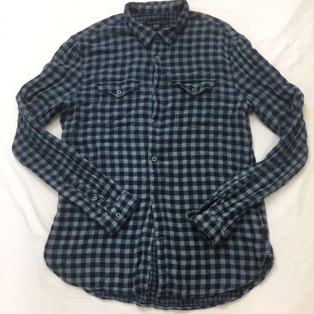 JOHN VARVATOS Plaid FLANNEL Shirt Mens Small Blue Cyan Gingham Check Long Sleeve